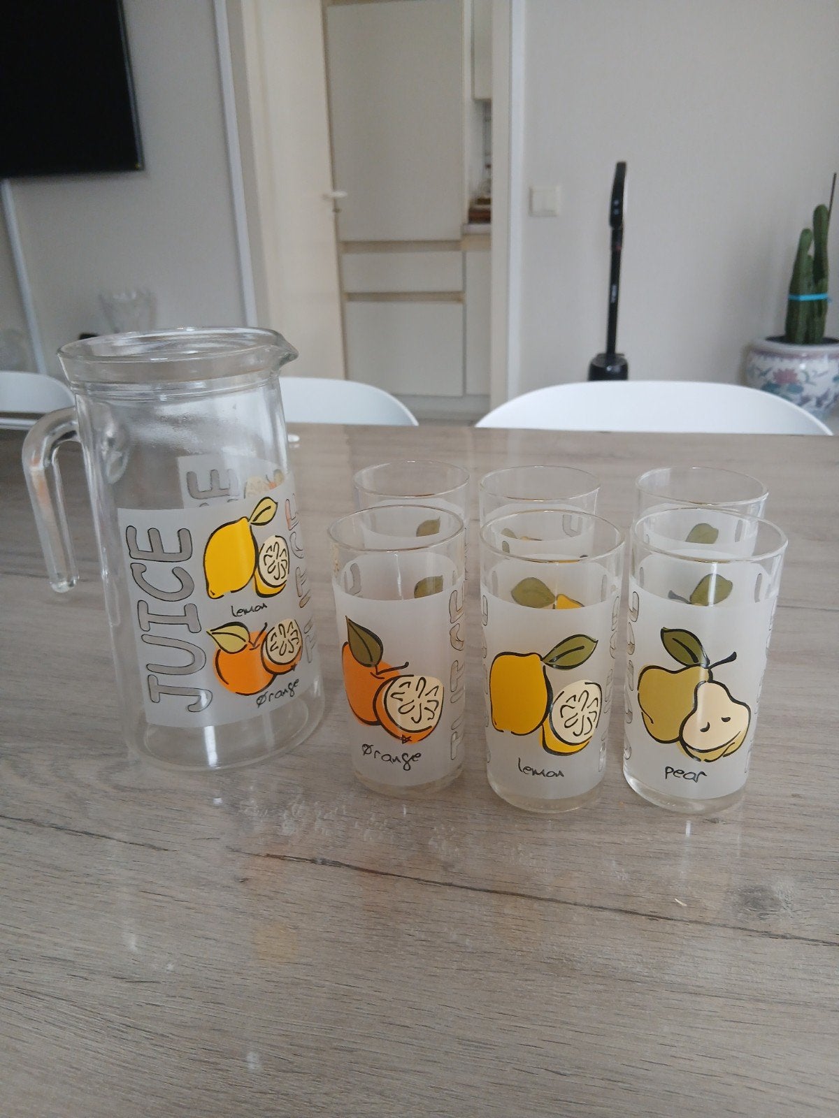 Vintage sinaasappelade/sapservice — Karaf + 6 glazen, Ophalen of Verzenden