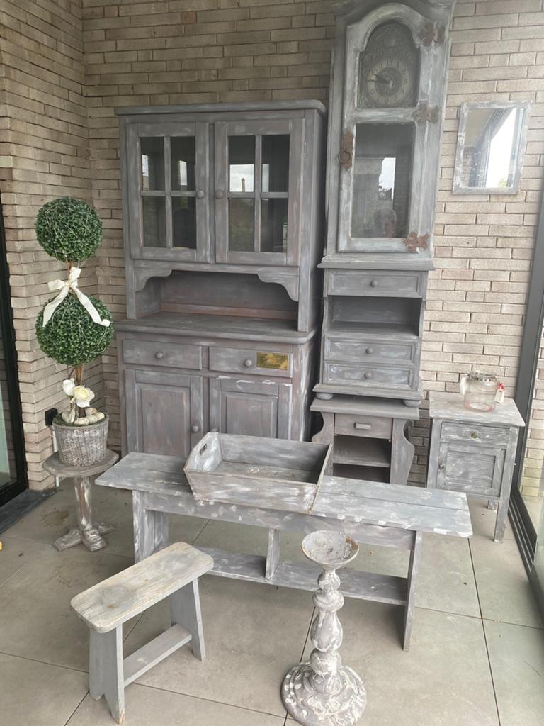 Bel ensemble de meubles de porche anciens peints en gris, Jardin & Terrasse, Table d'appoint, Salons de jardin, Comme neuf, Enlèvement