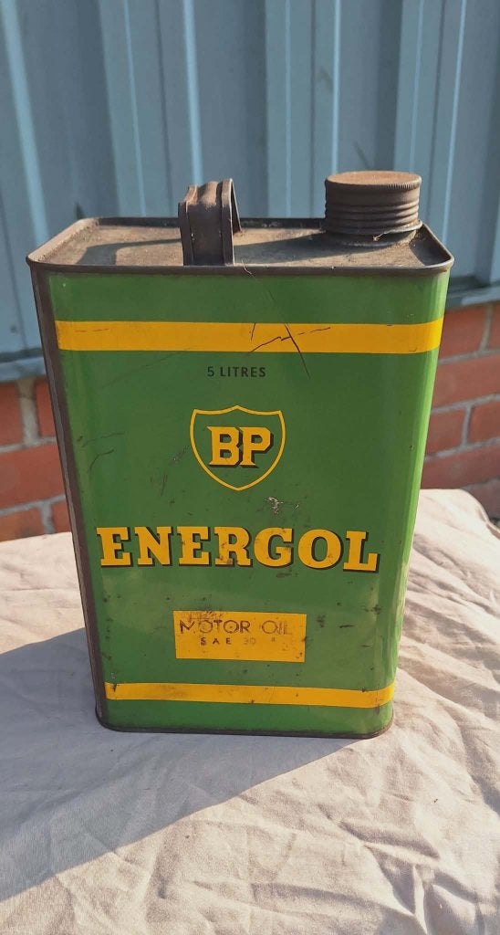 Vintage 5 liter BP Energol Motor Olieblik️️⛽️, Verzamelen, Ophalen of Verzenden, Gebruikt, Verpakking