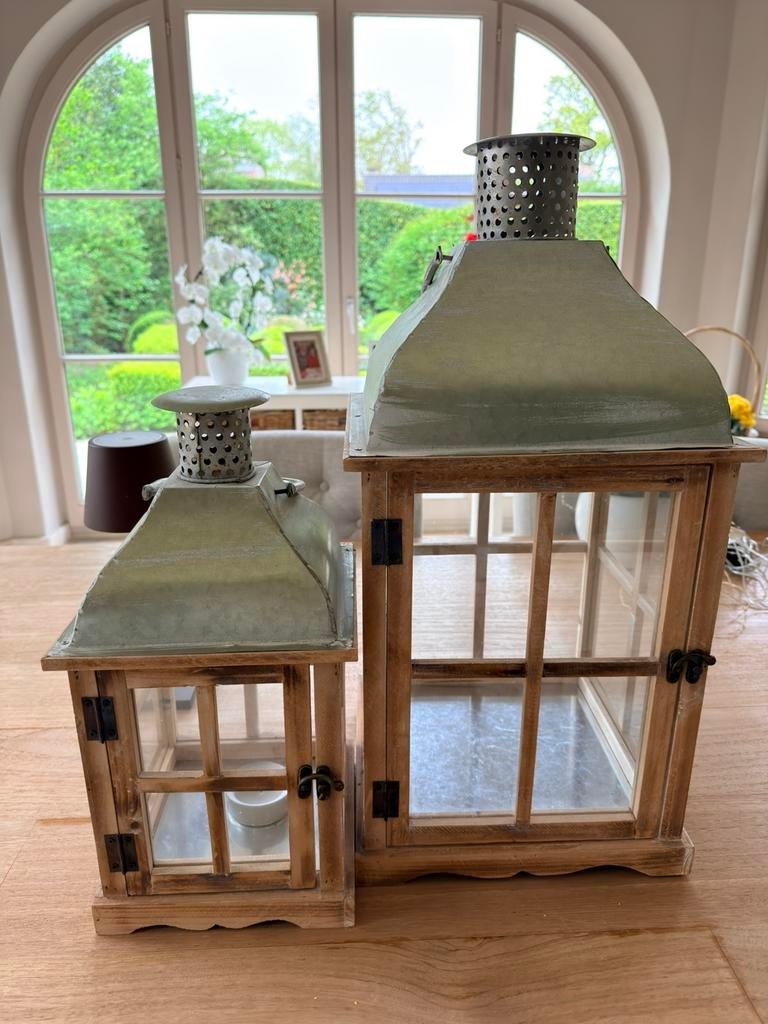 Set houten lantaarn met glas - decoratie/kaarsenhouder, Ophalen, Zo goed als nieuw, Kandelaar, 50 tot 75 cm