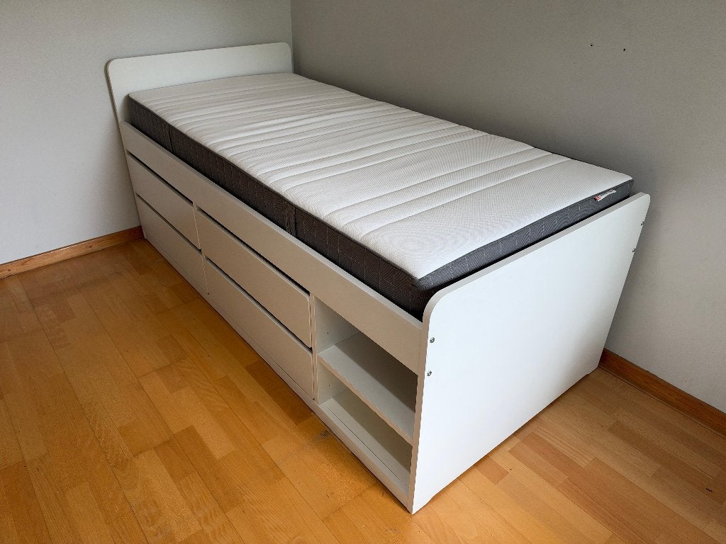 IKEA SLÄKT bed 90x200 + 4 opberglades + lattenbodem + matras, Huis en Inrichting, 90 cm, Eenpersoons, Wit, Ophalen of Verzenden