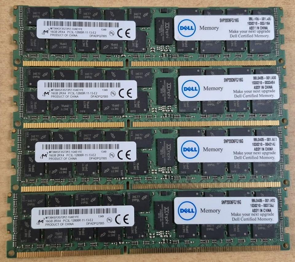 DELL 4 X 16GB DDR3/DDR3L 1600MHz PC3L-12800R 2Rx4 ECC RDIMM, Computers en Software, RAM geheugen, Ophalen, Server, DDR3, Zo goed als nieuw