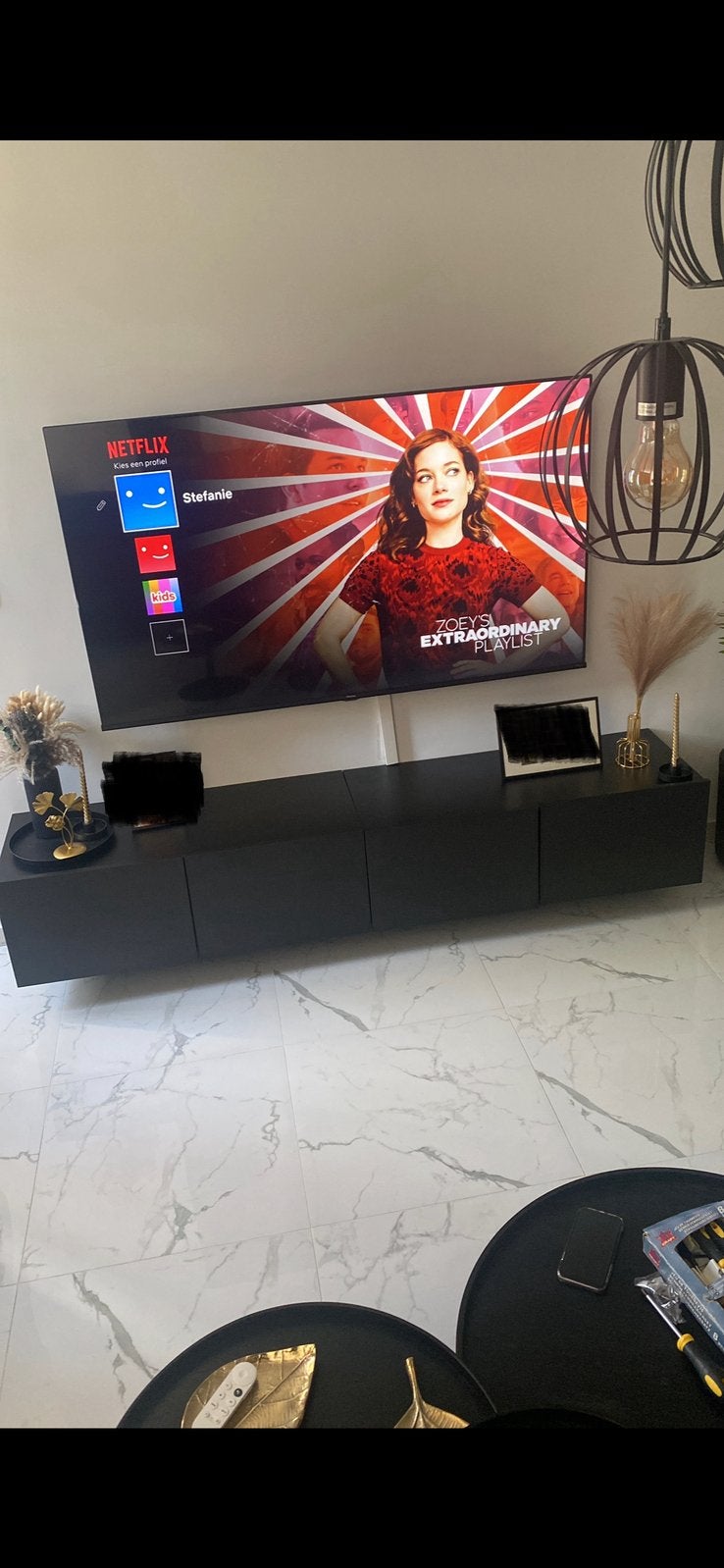 Strak matzwart TV-meubel 200 cm (zwevend of op pootjes), Ophalen, Zo goed als nieuw