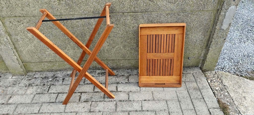 Houten tafeltje met dienblad, Jardin & Terrasse, Tables de jardin, Enlèvement, Comme neuf, Rectangulaire, Bois