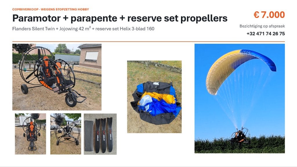 Paramotor Flanders + Jojowing 42m² + Reserveset Propellers, Ophalen, Gebruikt, Paramotor, Gemotoriseerd