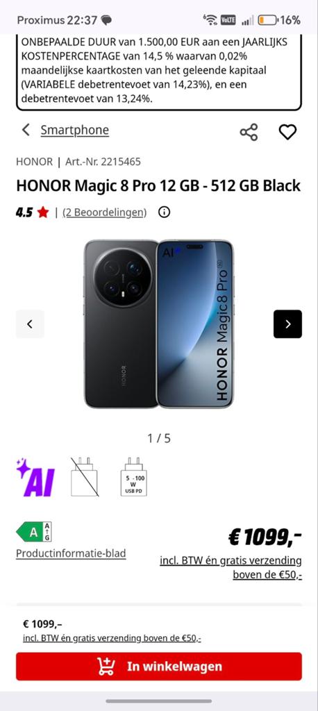 Honor magic 8 pro, Telecommunicatie, Mobiele telefoons | Overige merken, Ophalen of Verzenden