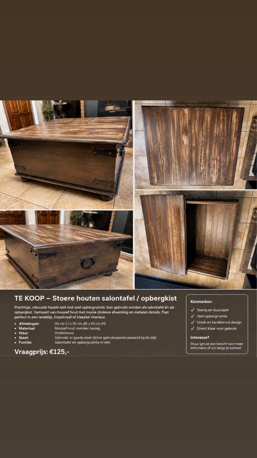 Houten salontafel/opbergkist, Huis en Inrichting, Woonaccessoires | Kisten, Ophalen, 50 tot 100 cm, 75 tot 100 cm, 5 – 50