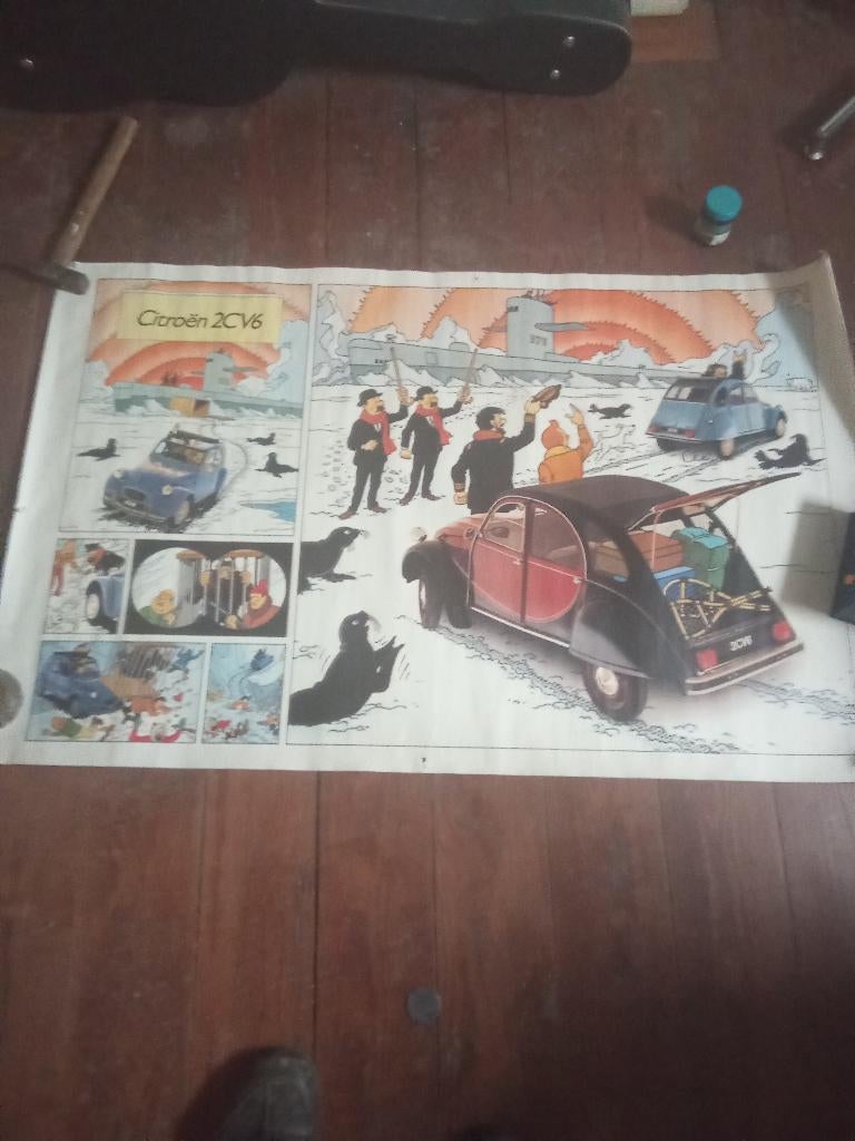 Affiche vintage publicitaire ( Citroen + tintin ), Enlèvement, Utilisé, Rectangulaire horizontal, Publicité