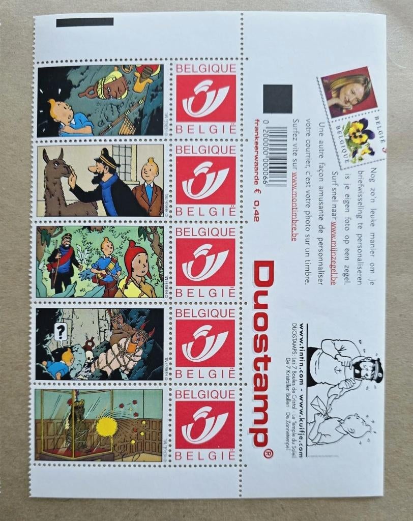 2001 DUOSTAMP TINTIN LE TEMPLE DU SOLEIL  5 timbres, Envoi, Tintin