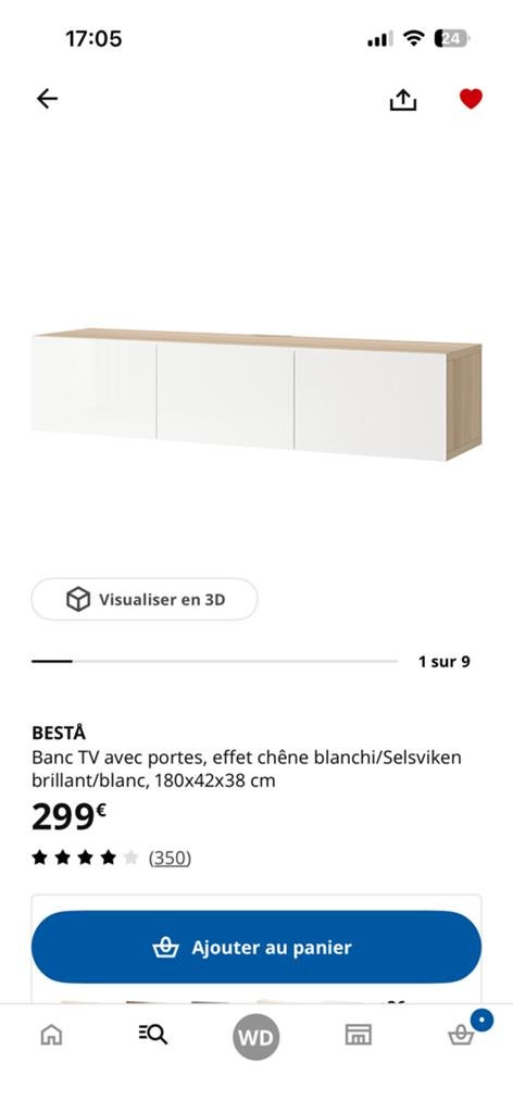 IKEA BESTÅ meuble tv180 cm blanc brillant effet chêne, Enlèvement, Comme neuf, Chêne