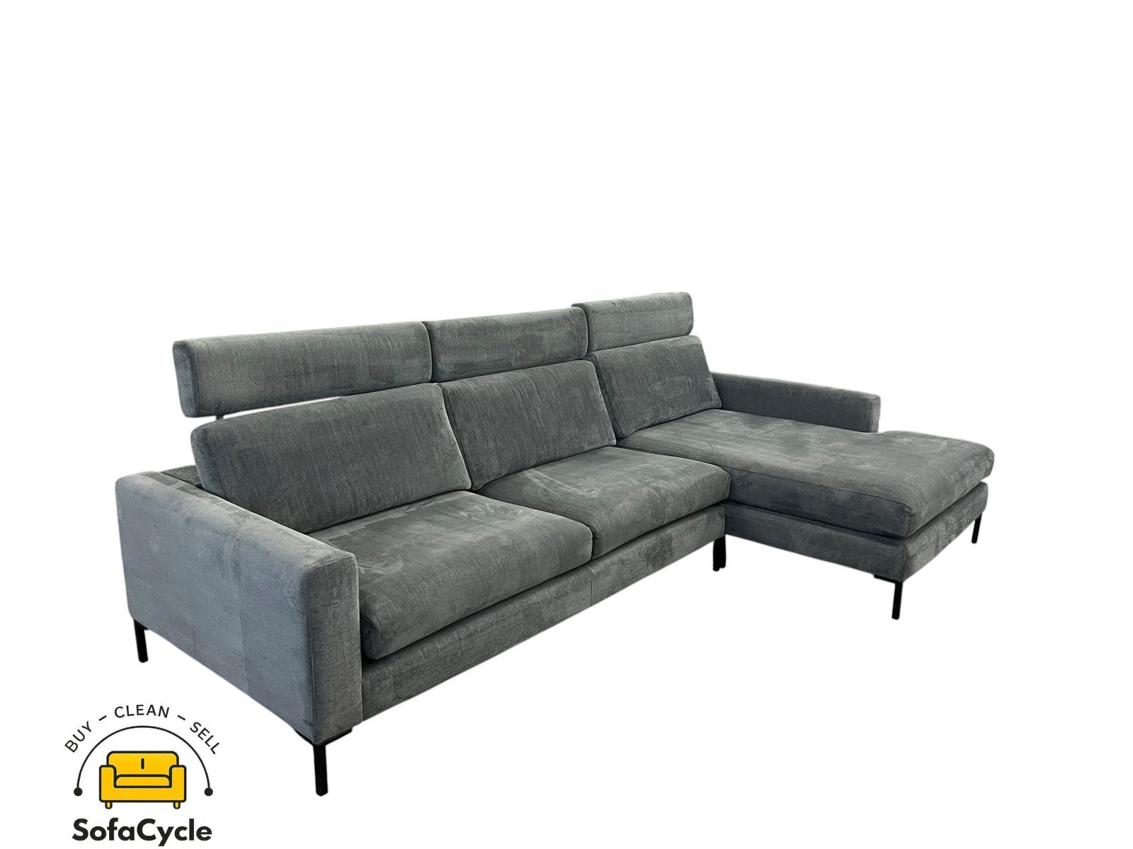 Fauteuil d'angle gris Demuynck avec appuie-têtes réglables, Enlèvement ou Envoi, Comme neuf, SofaCycle, Info@sofacycle.be