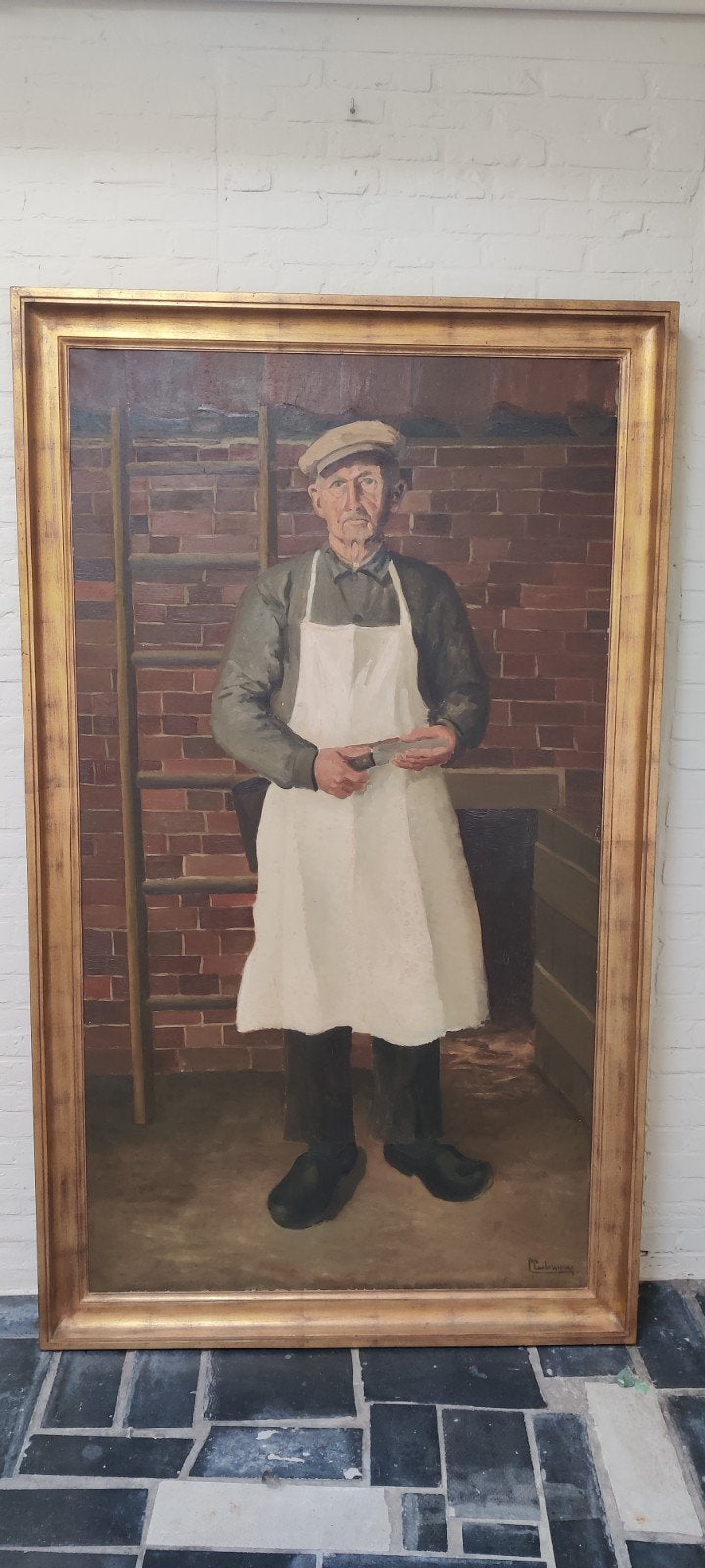 Groot olieverfschilderij "Ambachtsman" - ca 116x196cm !, Portrait ou Personnes, Peinture à l'huile, Signé, Enlèvement