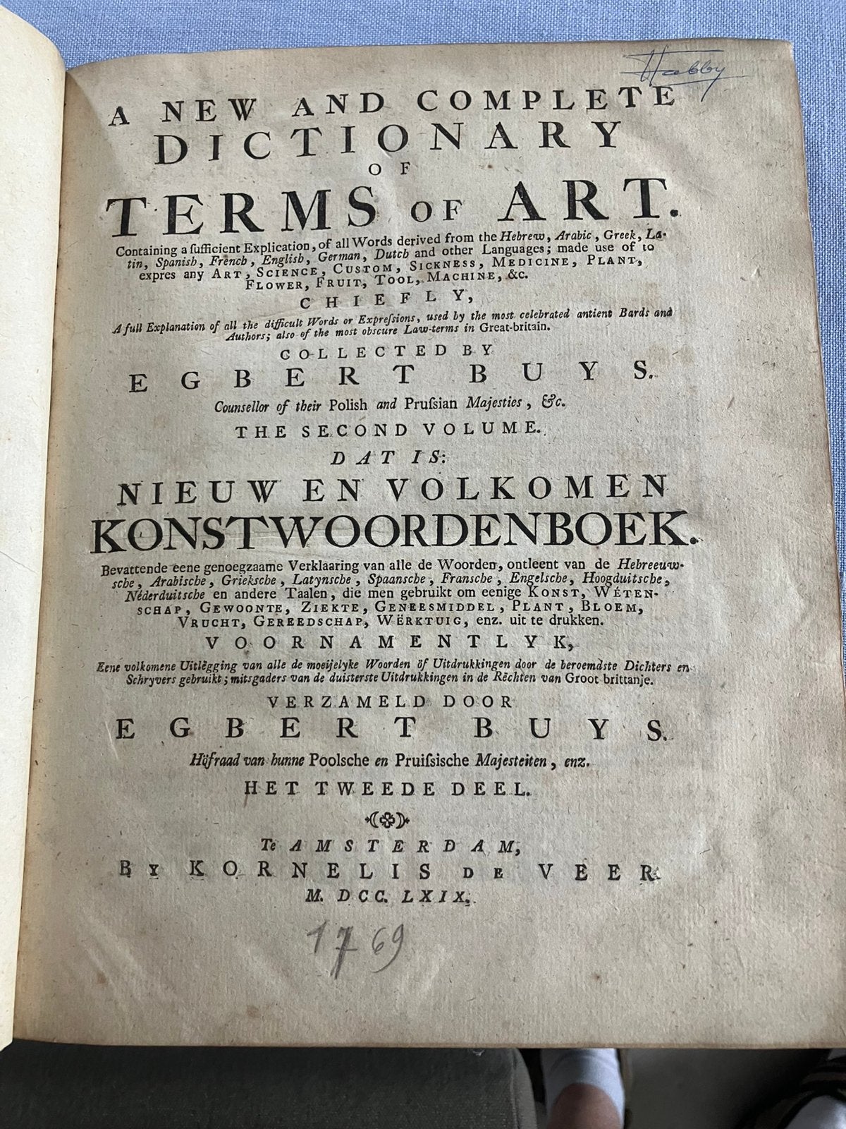 Egbert Buys 1769 Nieuw en volkomen konstwoordenboek, Antiek en Kunst, Ophalen of Verzenden