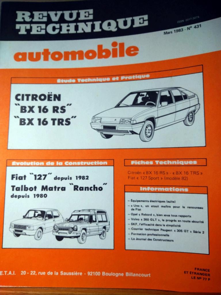 RTA 431 - Citroën BX - mars 1983, Auto diversen, Handleidingen en Instructieboekjes, Ophalen of Verzenden