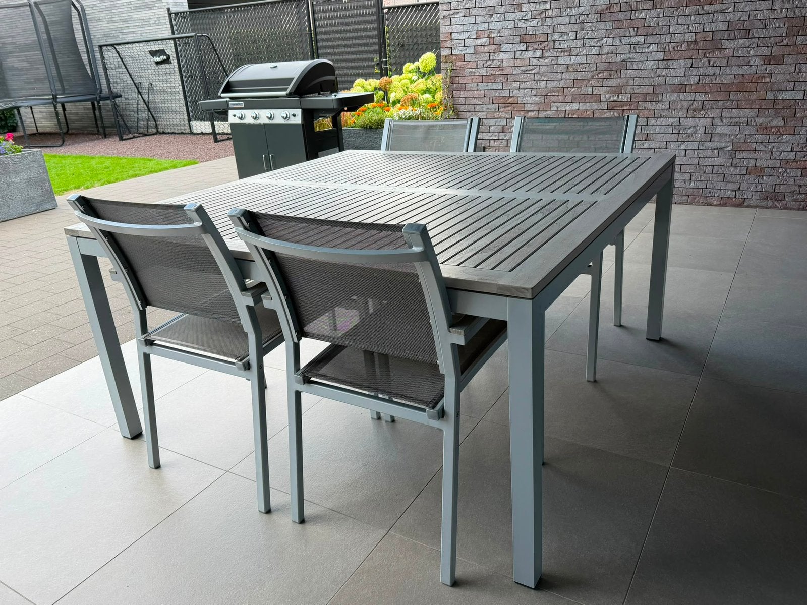 Tuintafel vierkant 125x125x75 + 4 stoelen, Ophalen, Gebruikt, Eettafel, Aluminium