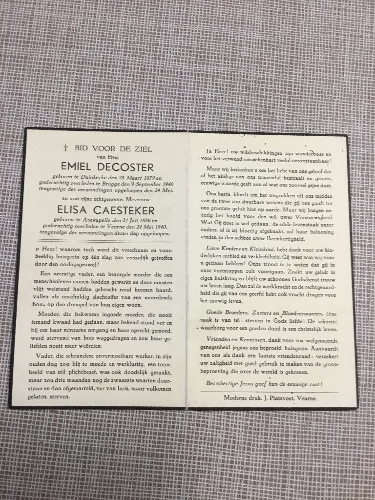 2 oorlogsslachtoffers Decoster - Caesttecker + 1940 WOII, Verzamelen, Bidprentjes en Rouwkaarten, Bidprentje, Verzenden