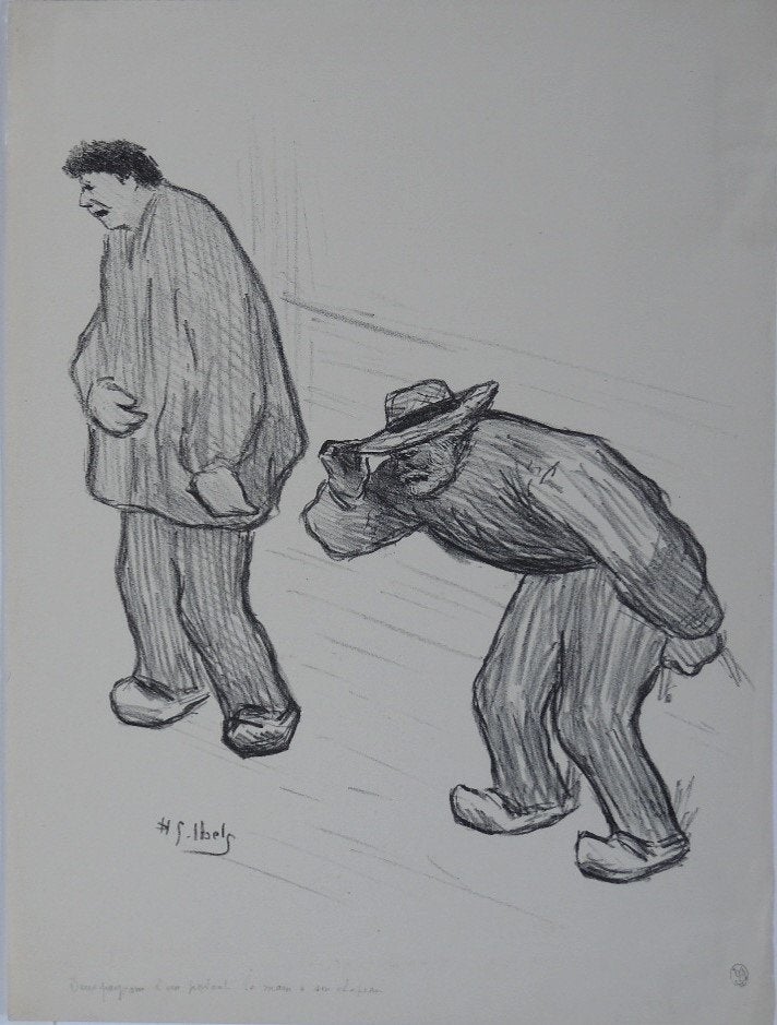 Henri-Gabriel Ibels litho "Deux Paysans-Main a son Chapeau", Antiek en Kunst, Ophalen, Lithografie, Portret en Figuren, Origineel