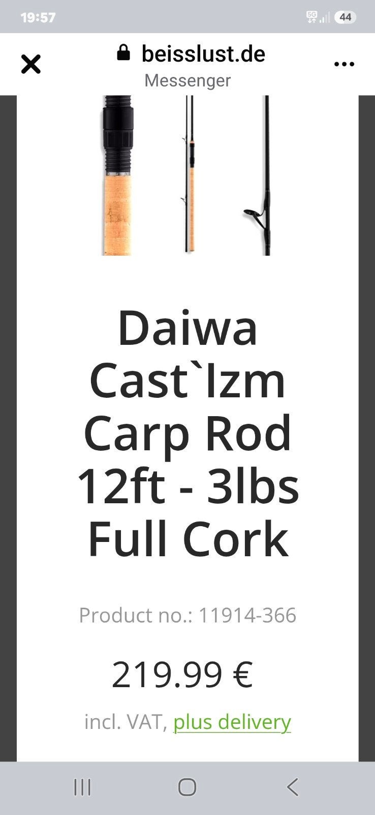 Daiwa Cast´lzm carp rod 12ft 3lbs full cork, Enlèvement
