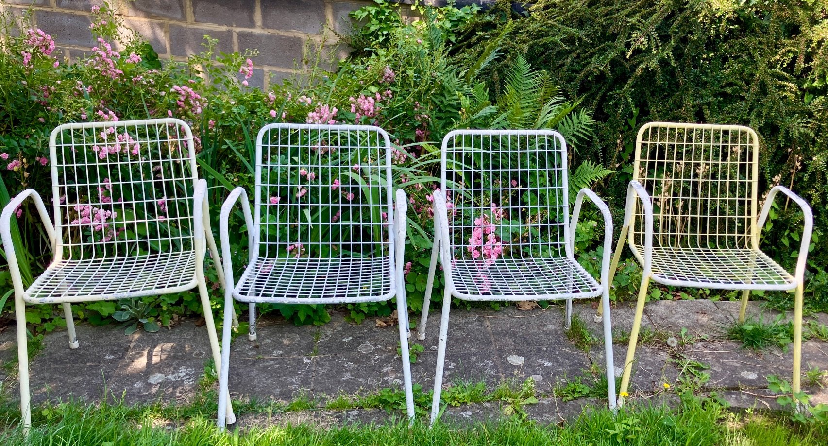 4 vintage draadstalen tuinstoelen,  jaren 50-60 Emu Rio, Jardin & Terrasse, Enlèvement, Utilisé, Métal, Empilable