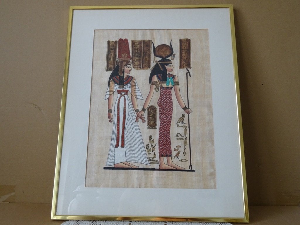 Vintage papyrus schilderij Egypte in luxe omlijsting 41x51cm, Antiek en Kunst, Kunst | Niet-Westerse kunst, Ophalen of Verzenden