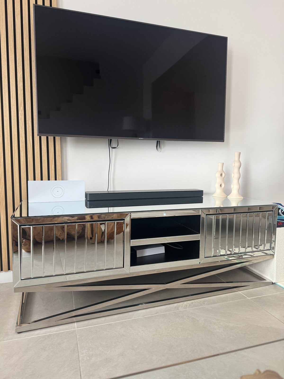 Meuble TV design miroir argenté, Enlèvement, Comme neuf, Verre
