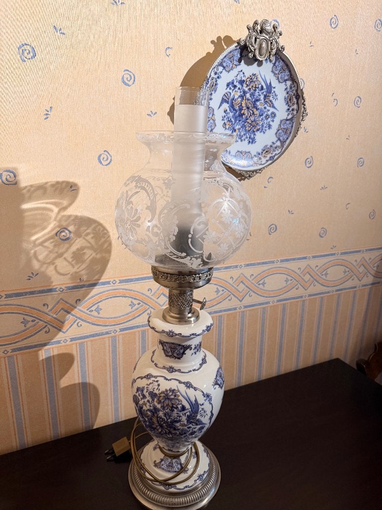 Lampe de table avec panneau d'accompagnement., Verre, Vintage, Comme neuf, Source lumineuse incluse