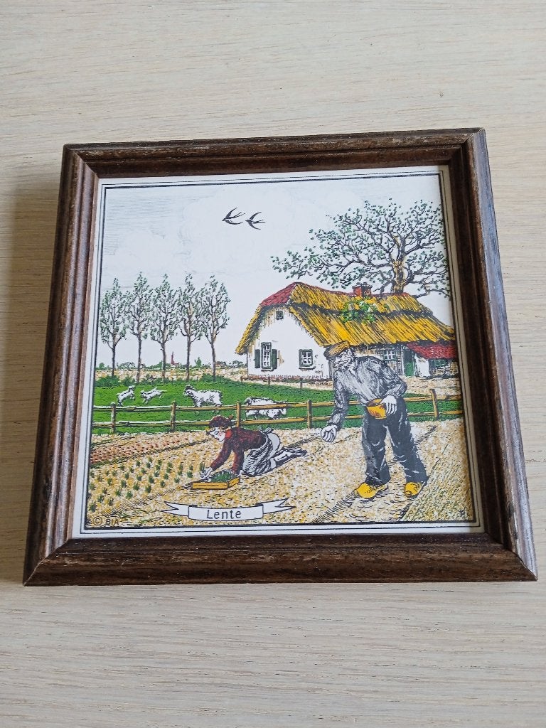 vintage houten kader met keramische tegel in, Vintage, Ophalen of Verzenden, Zo goed als nieuw