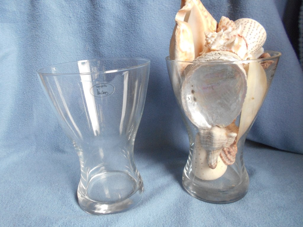 2 nouveaux vases et lot de coquillages exotiques, Comme neuf, Verre, 19 cm, Transparent
