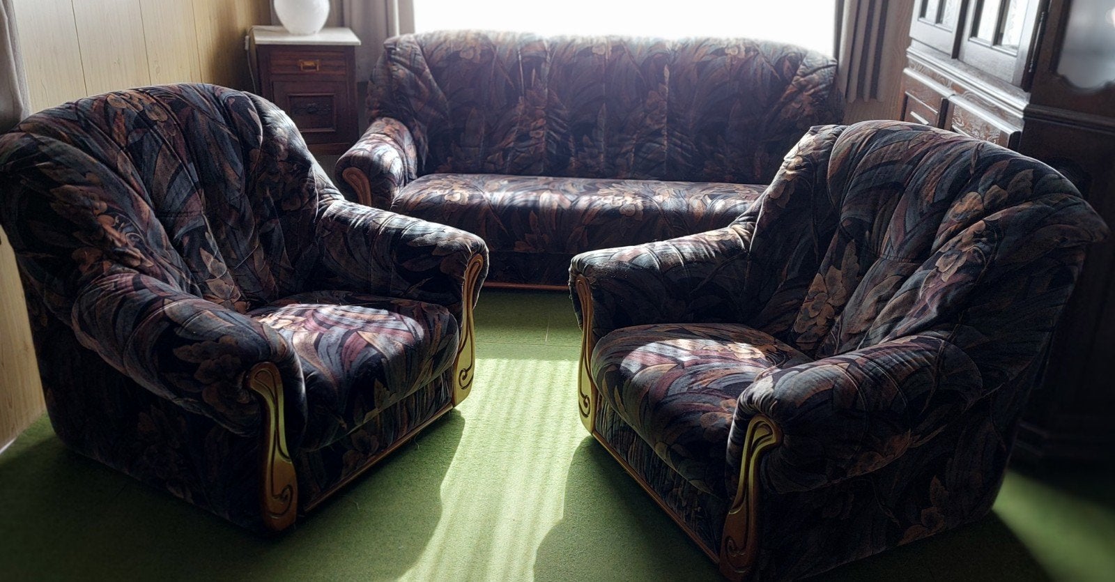 Canapé 3 places vintage avec 2 fauteuils, imprimé floral., Enlèvement, Tissus