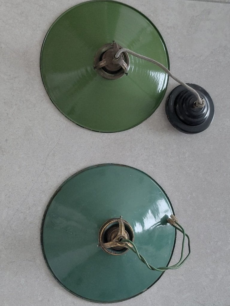 2 industriële lampen emaille kap + messing fitting 1930-50, Ophalen of Verzenden