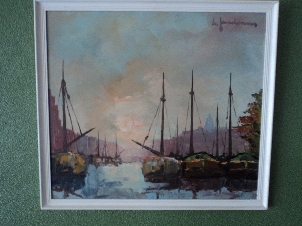 havenzicht Antwerpen, Antiek en Kunst, Ophalen of Verzenden, Olieverf, Maritiem / water, Paneel