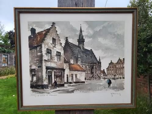 Roger Hebbelinck (1912-1987) stadsgezicht Damme, Antiek en Kunst, Ophalen, Stadsgezicht, Ets, Genummerd