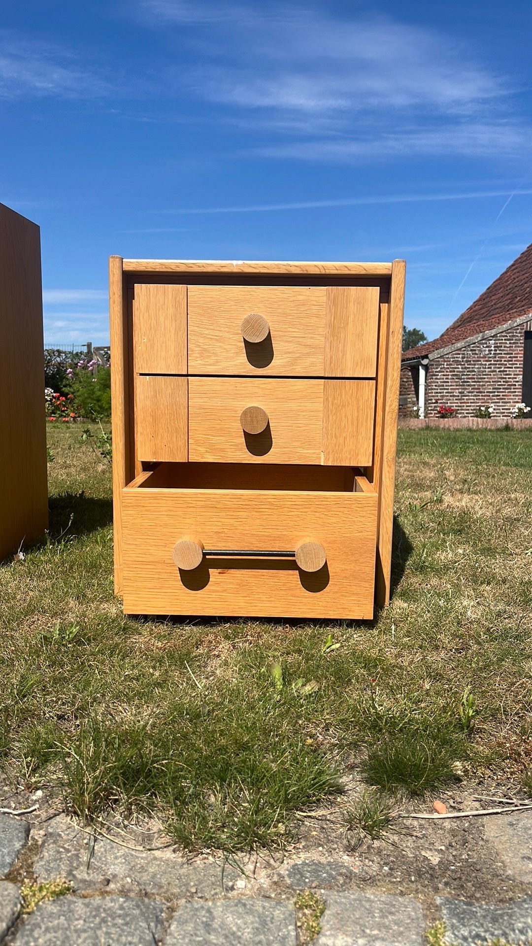 Table de chevet en bois avec 3 tiroirs - 60 x 50 x 41 cm, 45 à 65 cm, Enlèvement, Utilisé, 55 à 70 cm