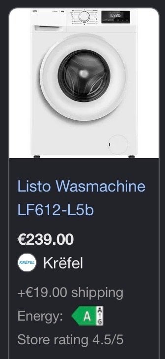 Listo wasmachine, Ophalen, Nieuw, Voorlader, Energieklasse A of zuiniger