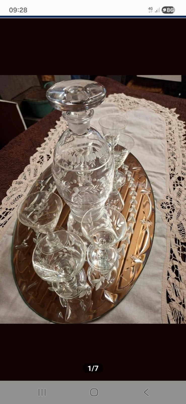 Vintage glazen aperitief/likeurservice met gravure, Antiek en Kunst, Ophalen