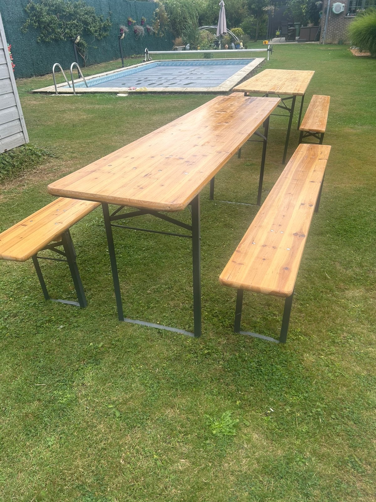 Opvouwbare tuintafels en -banken 8 personen 2x, Tuin en Terras, Ophalen, Zo goed als nieuw, Inklapbaar, Rechthoekig