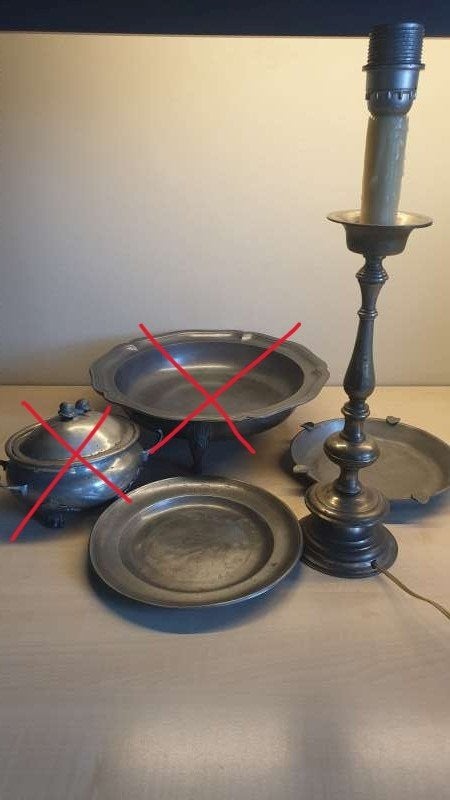 3 tinnen objecten : sierbord, asbak, voet lampadair, Antiek en Kunst, Ophalen