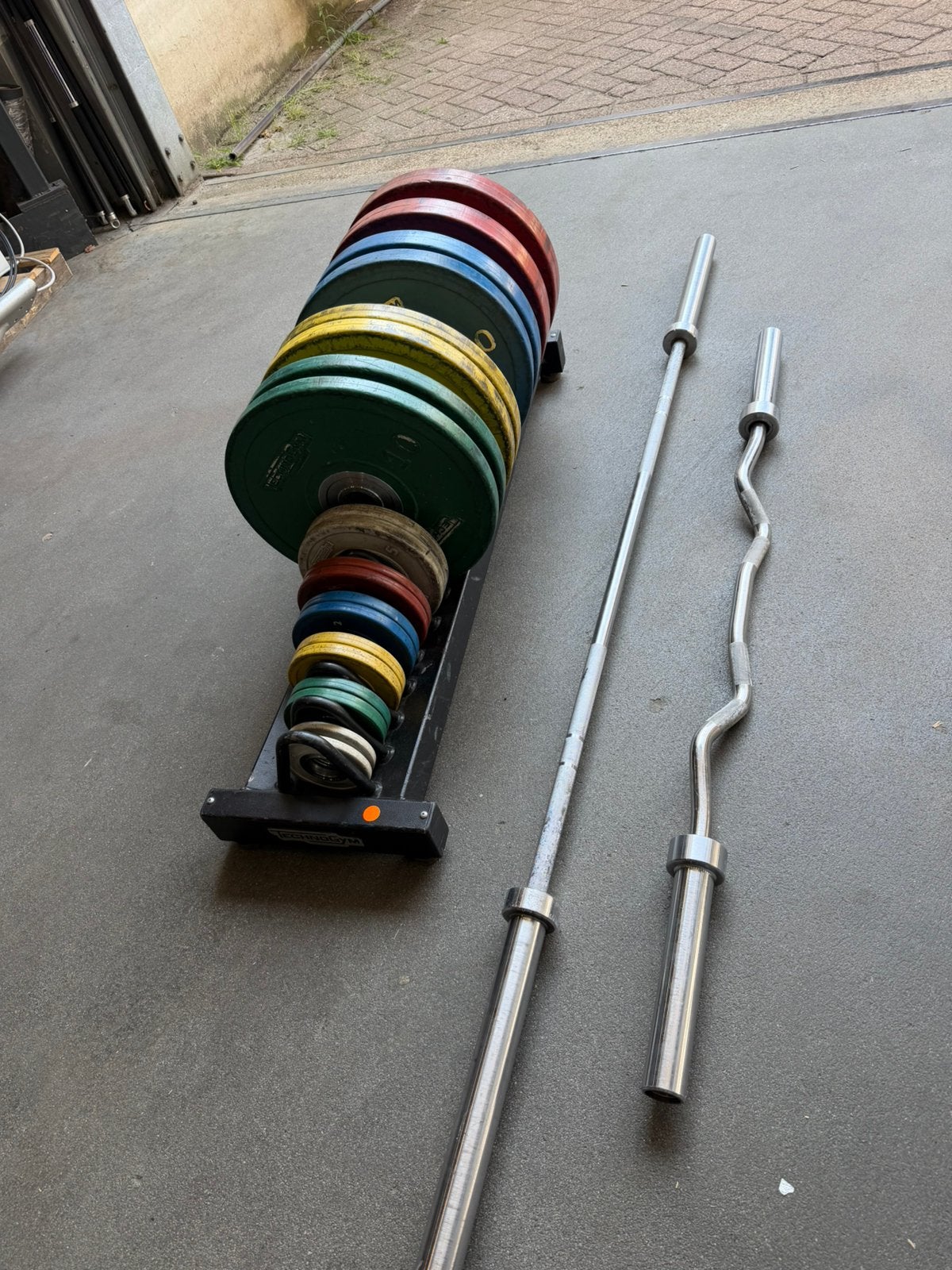165kg Technogym Olympische Training Plates + 2 Barbell + Rek, Ophalen, Gebruikt, Halterschijven