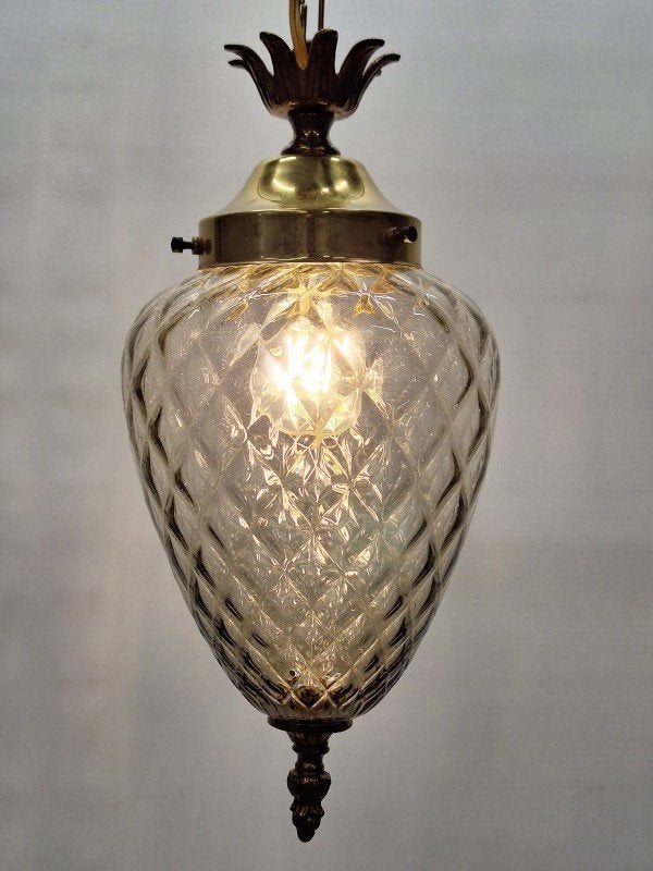 Suspension vintage verre pressé & laiton – années 60/70, Gebruikt, Annees 60/70, Ophalen of Verzenden, Glas