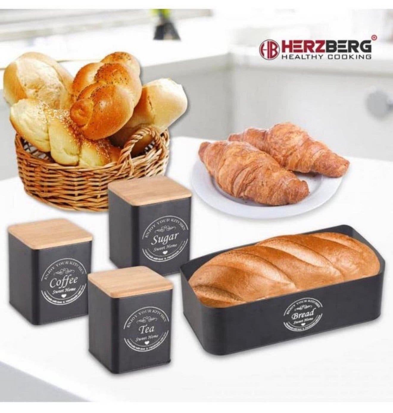Herzberg 4-delige brooddoos broodbak + voorraadbussen deksel, Huis en Inrichting, Ophalen of Verzenden, Nieuw, Zwart