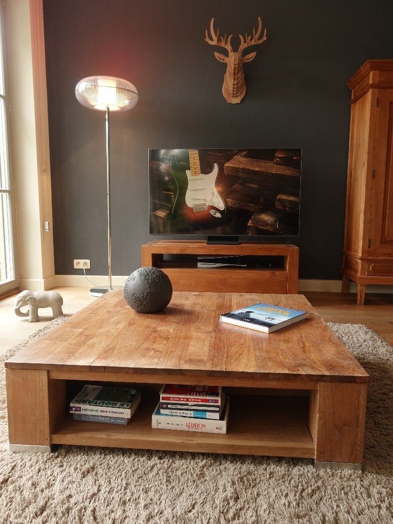 Grande Table Basse Carrée en Teck Massif, Maison & Meubles, Teck, 100 à 150 cm, Carré, 100 à 150 cm