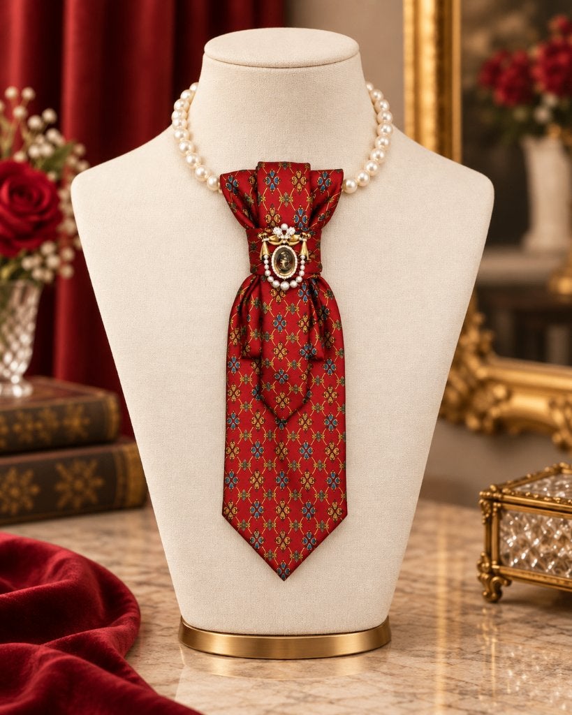 Chique stropdas ketting dames –  met broche en parelketting, Handtassen en Accessoires, Verzenden, Zo goed als nieuw, Rood, Overige materialen