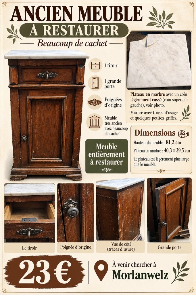 Ancien meuble vintage avec plateau en marbre, à restaurer, Antiquités & Art, Enlèvement
