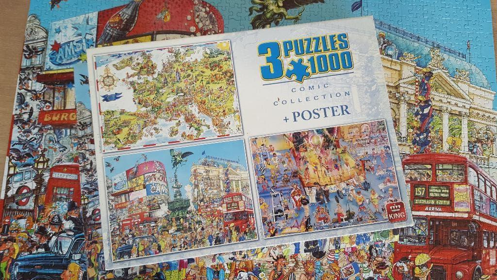 Doos met drie KING puzzels van telkens 1000 stukjes VOLLEDIG, Hobby en Vrije tijd, Denksport en Puzzels, Zo goed als nieuw, Legpuzzel