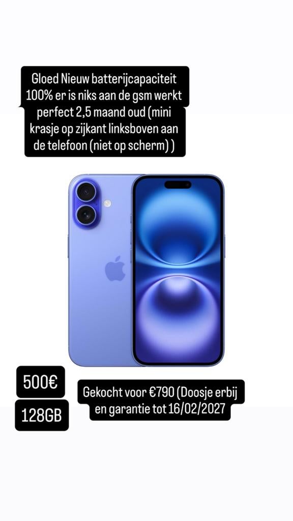 iphone 16 128GB (GloedNieuw), Ophalen, 128 GB, Blauw, IPhone 16