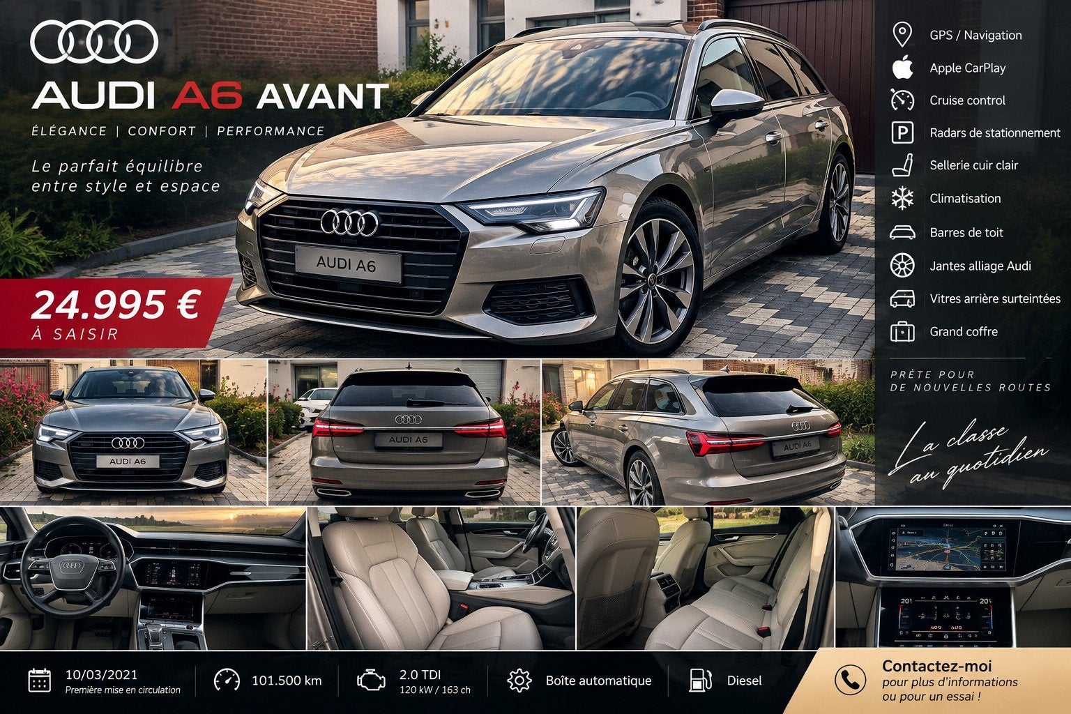 AUDI A6 AVANT 35 TDI 163 CH AUTOMATIQUE – 2021 – 101.500 KM, Autos, Cuir, Achat, Hybride Électrique/Diesel, 5 portes
