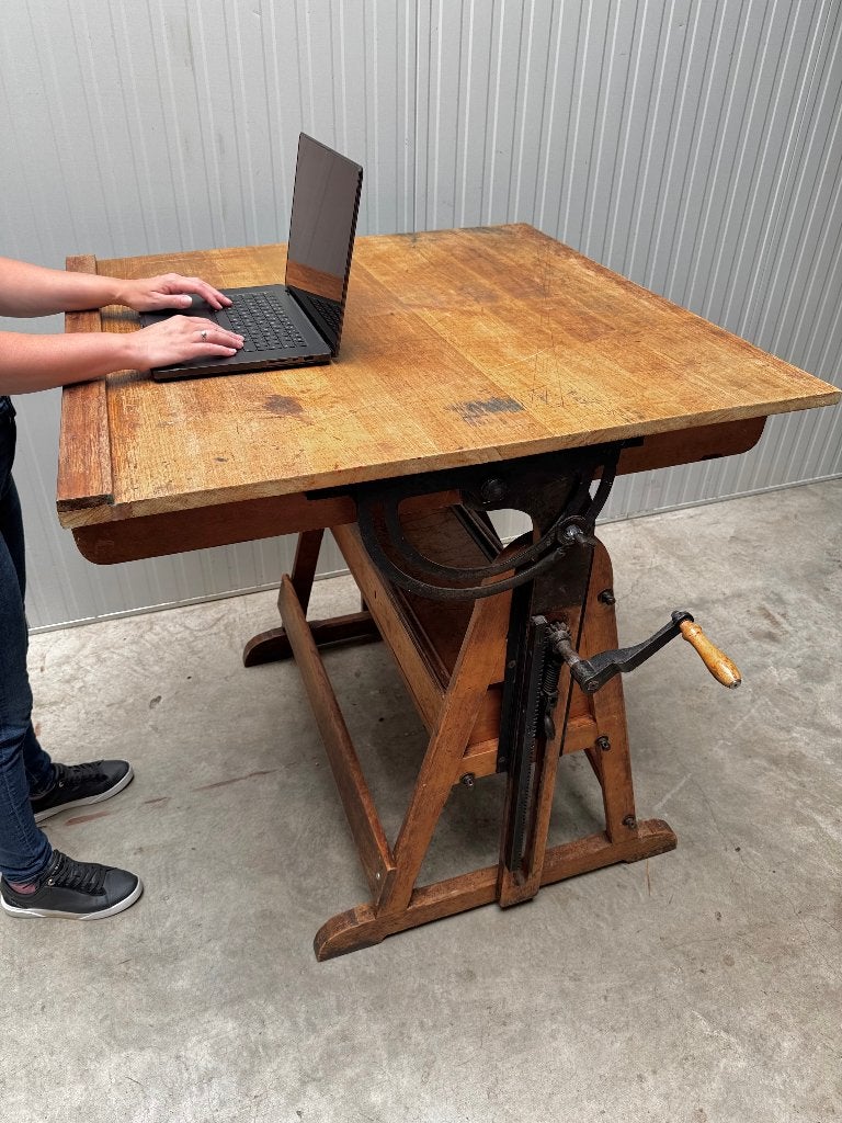 antieke TEKENTAFEL sta BUREAU stabureau hoogte verstelbaar, Huis en Inrichting, Zit-sta bureau, Hout, In hoogte verstelbaar, Antiek