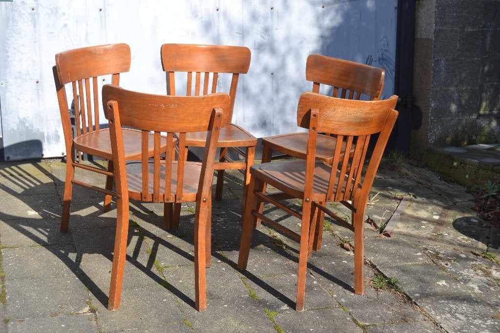 CINQ CHAISES VINTAGE ANNEES 1950'., Maison & Meubles, Chaises, Brun, Enlèvement, Bois, Cinq, Six Chaises ou plus