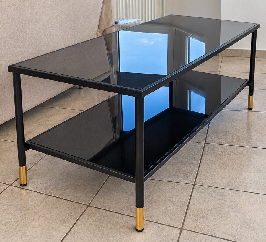 Table basse élégante en verre noir avec des accents dorés, 100 à 150 cm, Comme neuf, Verre, Enlèvement