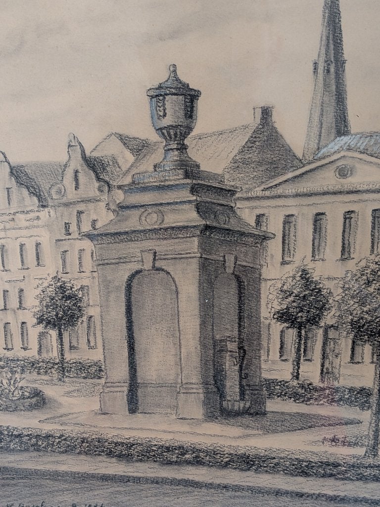 Sint - Nikiaas : Oude  vismijn & waterpomp, Antiek en Kunst, Ophalen of Verzenden, Stadsgezicht, Ets, Genummerd